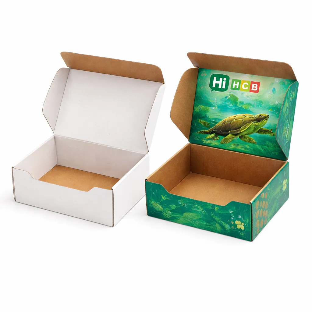 Two premium flip-top magnetic boxes, one blank white and one branded with green turtle illustrations. class=
